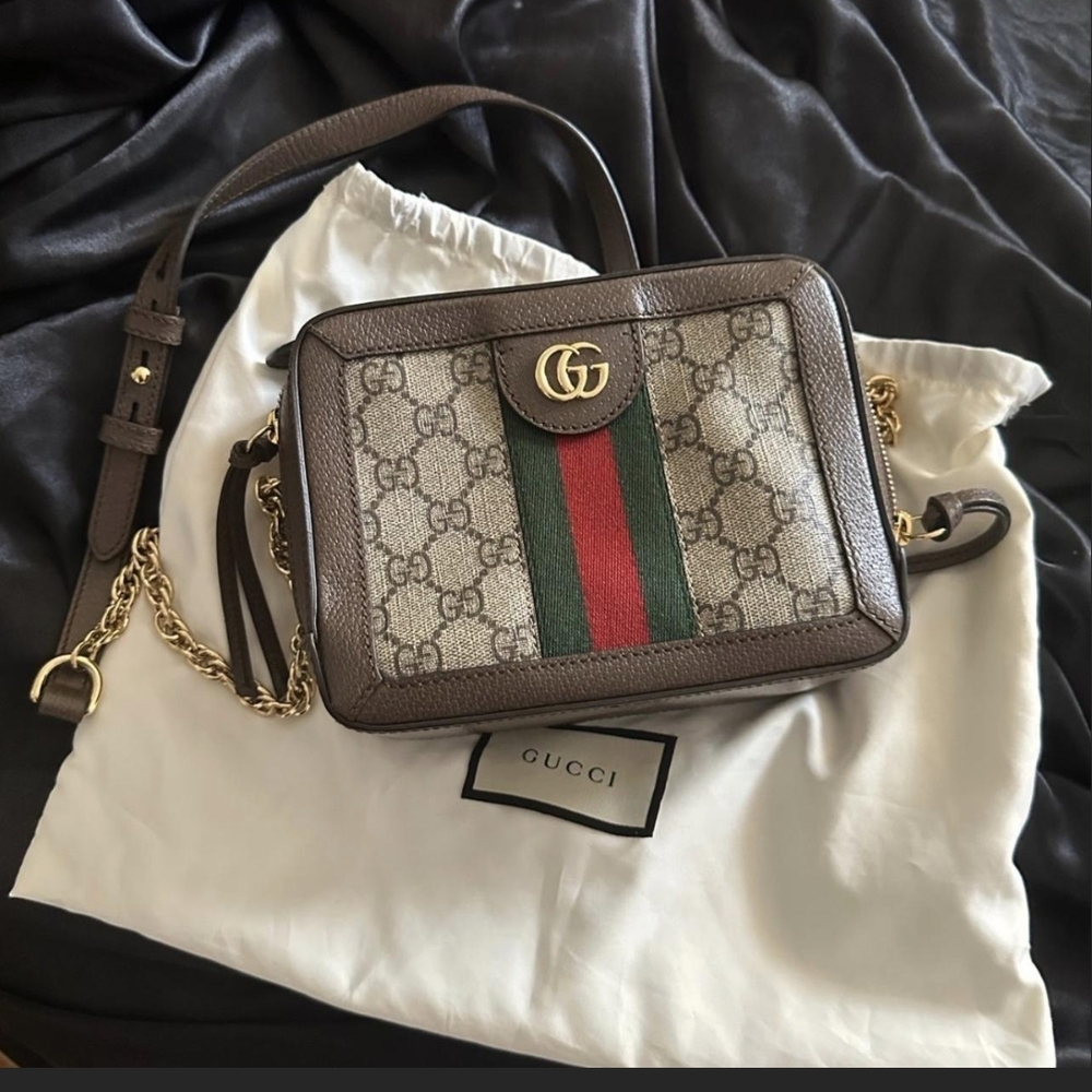 Gucci Brown and Green Crossbody Bag with Gold Accents